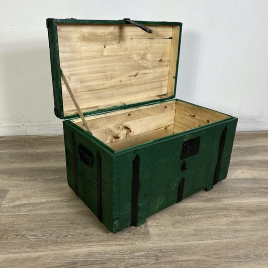 Antico Baule in legno da viaggio verde cassapanca 900 vecchio forziere d'epoca Arredamento