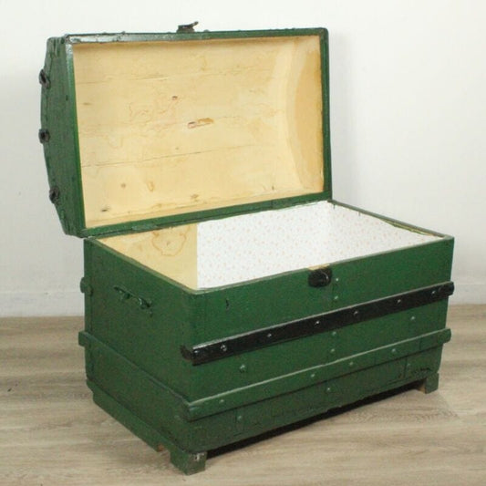 Antico Baule in legno da viaggio verde cassapanca vecchio forziere curvo d'epoca Arredamento