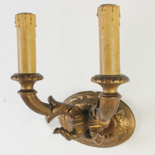 Antico candeliere da parete a due fiamme in legno dorato applique barocco oro Lampade Appliques