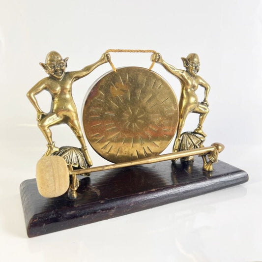 Antico Gong da cena in ottone e legno campana tavolo vintage Elfi 900 Inglese Ottone