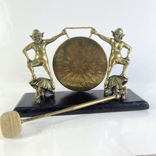 Antico Gong da cena in ottone e legno campana tavolo vintage Elfi 900 Inglese Ottone
