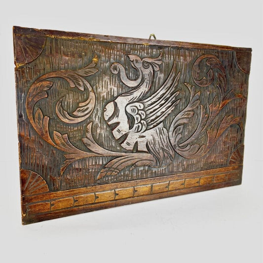 Antico pannello intaglio decorativo fregio intagliato in legno scolpito grifone Restauro