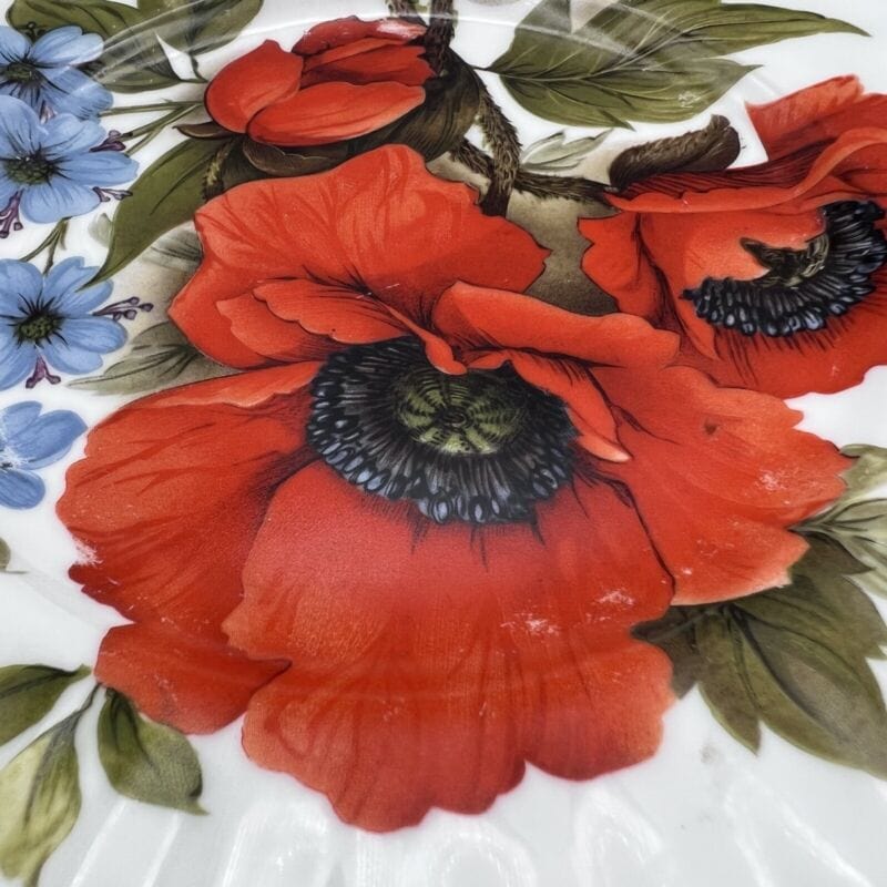 Antico piatto inglese decorativo in porcellana dipinto a mano fiori papaveri Ceramiche e Porcellane