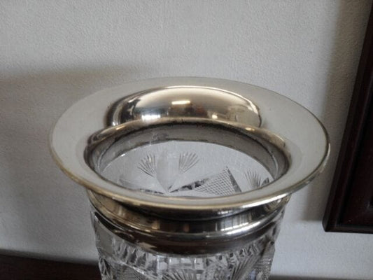 ANTICO PORTAFIORI IN VETRO LAVORATO E SHEFFIELD -  VASO D'EPOCA IN CRISTALLO Sheffield & Argento