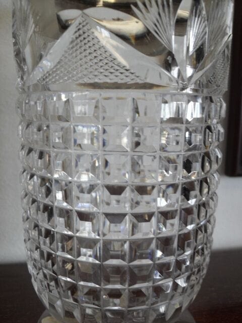 ANTICO PORTAFIORI IN VETRO LAVORATO E SHEFFIELD -  VASO D'EPOCA IN CRISTALLO Sheffield & Argento