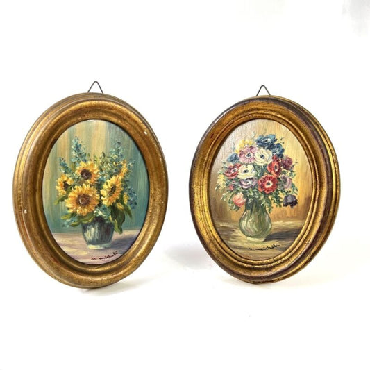 Antico quadretto coppia di quadri oro vintage miniature dipinto fiori firmato Quadri