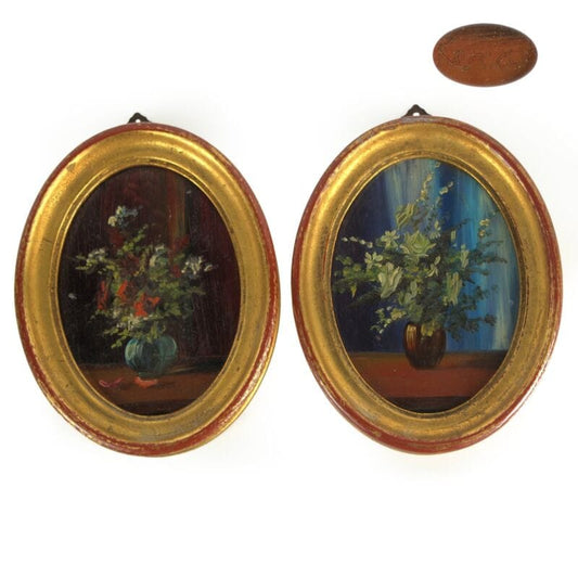 Antico quadretto coppia di quadri oro vintage miniature dipinto firmato in legno Quadri
