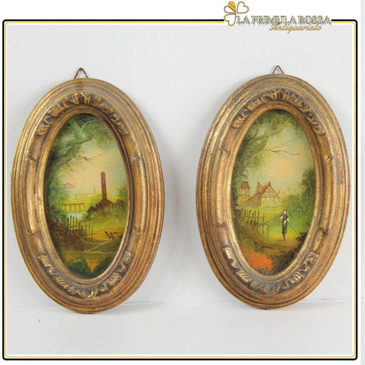 Antico quadretto coppia di quadri oro vintage miniature dipinto firmato in legno Quadri
