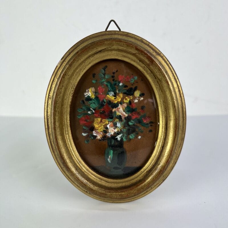 Antico quadretto Ovale quadro oro vintage miniatura dipinto Fiori in legno Quadri