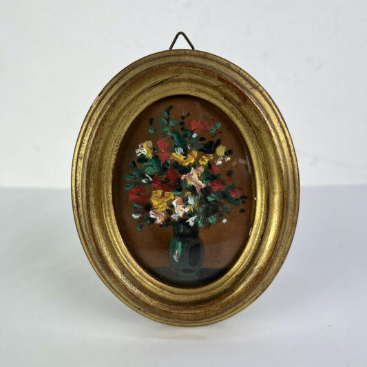 Antico quadretto Ovale quadro oro vintage miniatura dipinto Fiori in legno Quadri
