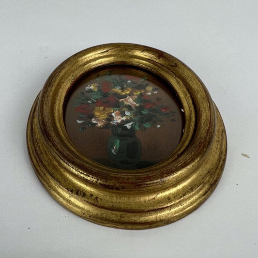 Antico quadretto Ovale quadro oro vintage miniatura dipinto Fiori in legno Quadri