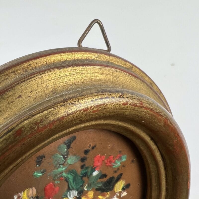 Antico quadretto Ovale quadro oro vintage miniatura dipinto Fiori in legno Quadri