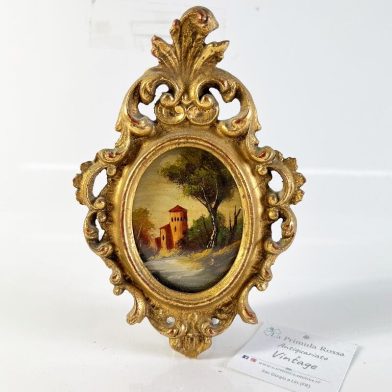 Antico quadretto stile barocco cornice legno e oro dipinto vintage in miniatura Quadri