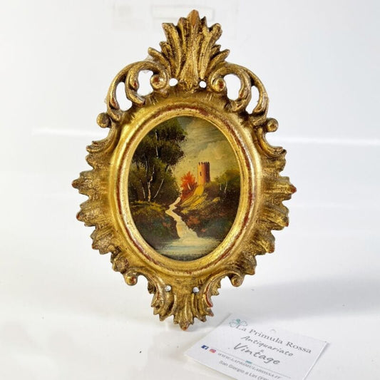 Antico Quadretto stile Barocco cornice oro dipinto Torre vintage in Miniatura Quadri