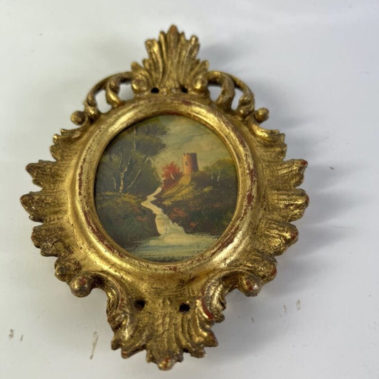 Antico Quadretto stile Barocco cornice oro dipinto Torre vintage in Miniatura Quadri