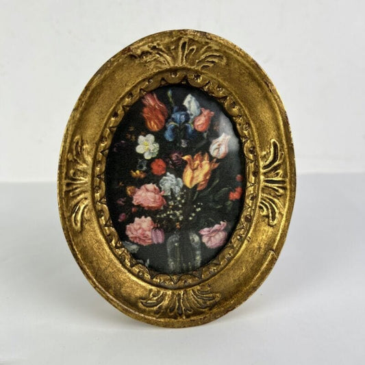 Antico quadretto vintage miniatura con Fiori cornice oro in legno e gesso dorato Quadri