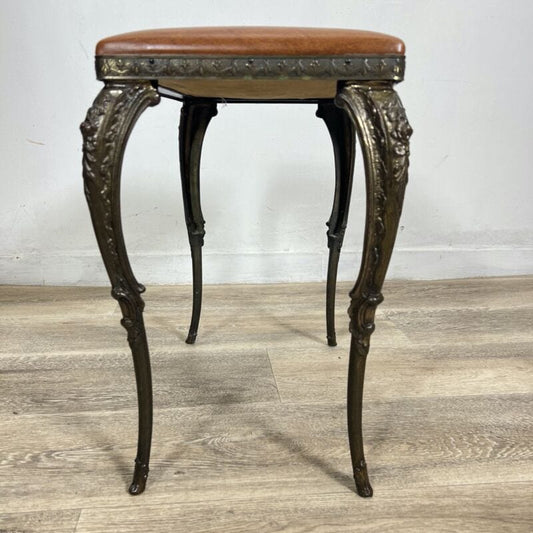 Antico Sgabello vintage poggiapiedi in ottone stile barocco seduta pelle marrone Arredamento