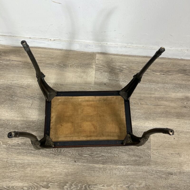 Antico Sgabello vintage poggiapiedi in ottone stile barocco seduta pelle marrone Arredamento