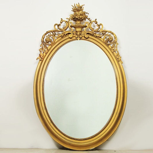 Antico specchio specchiera dorata ovale grande cornice in legno oro con cimasa Complementi d'arredo