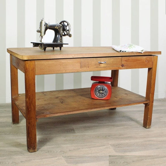 Antico tavolo in legno abete da lavoro banco per tessuti mobile shabby country Arredamento