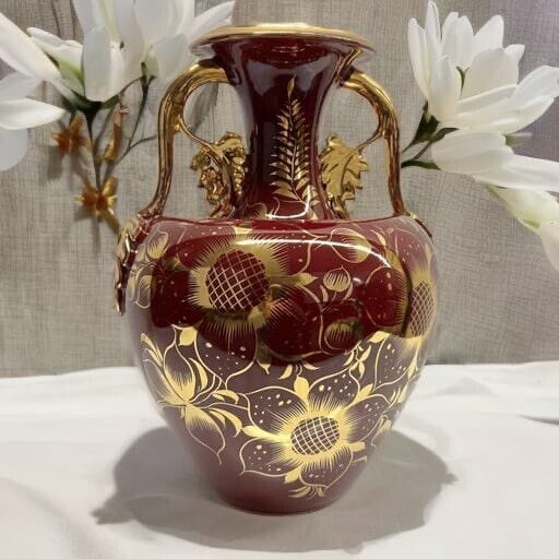 Antico Vaso in ceramica a fiori Rosso Bordeaux e oro Firenze Ceramiche e Porcellane