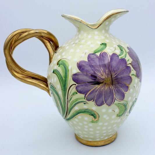 Antico Vaso in ceramica puntinata portafiori vintage  fiori lilla con manico oro Vetri e Cristalli
