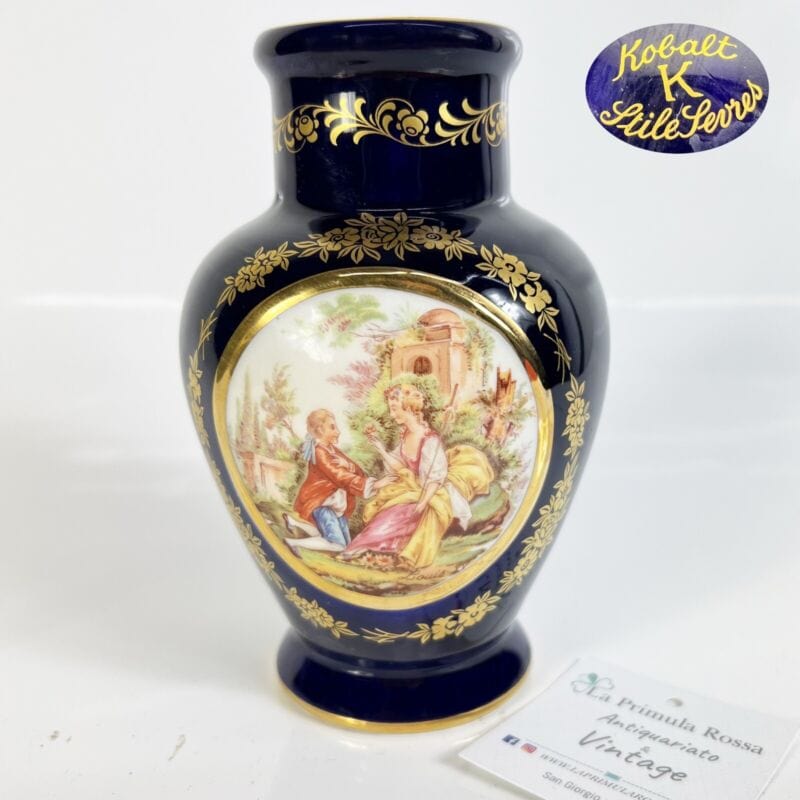 Antico Vaso Vasetto in porcellana a fiori blu e oro dipinto a mano Stile Sevres Ceramiche e Porcellane