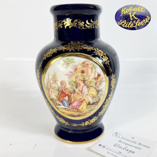 Antico Vaso Vasetto in porcellana a fiori blu e oro dipinto a mano Stile Sevres Ceramiche e Porcellane