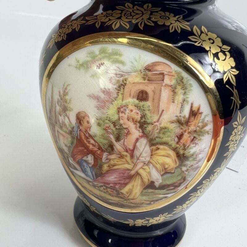 Antico Vaso Vasetto in porcellana a fiori blu e oro dipinto a mano Stile Sevres Ceramiche e Porcellane
