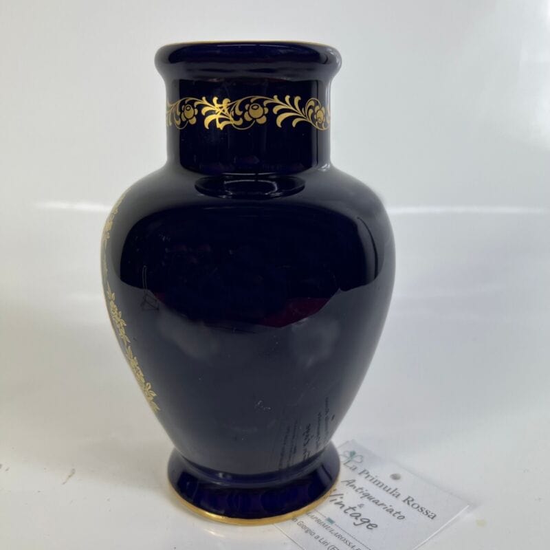 Antico Vaso Vasetto in porcellana a fiori blu e oro dipinto a mano Stile Sevres Ceramiche e Porcellane