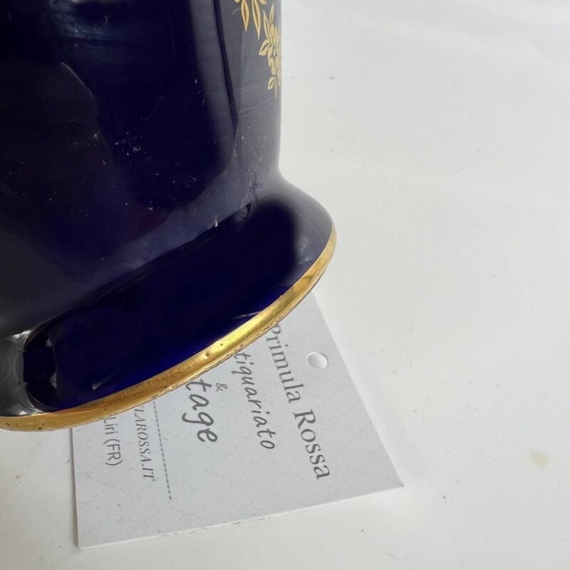Antico Vaso Vasetto in porcellana a fiori blu e oro dipinto a mano Stile Sevres Ceramiche e Porcellane