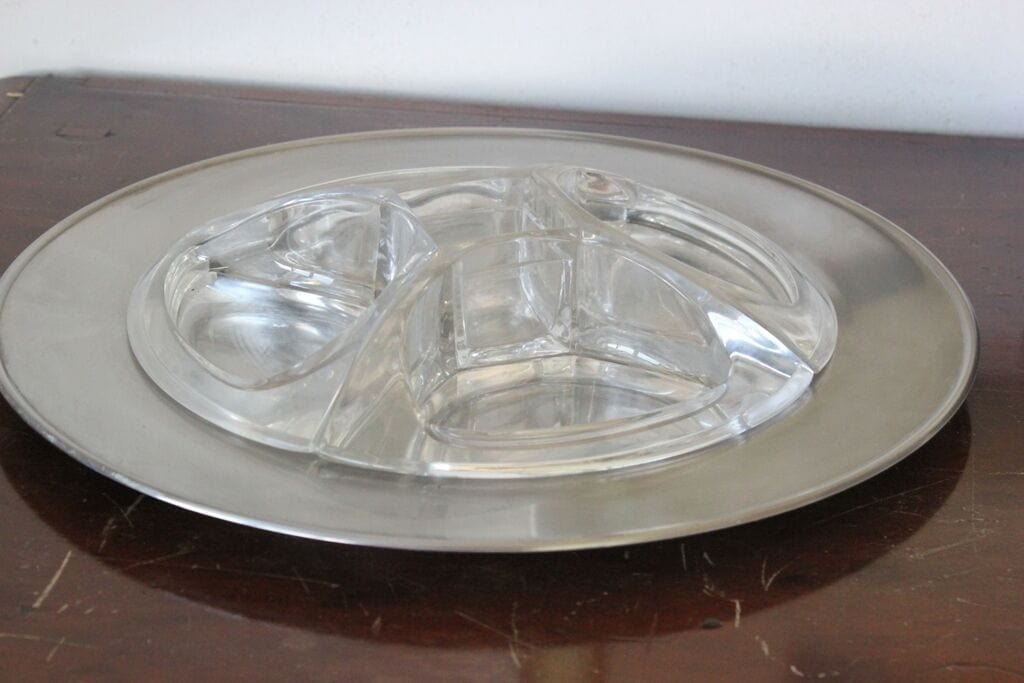 ANTIPASTIERA ANNI 70 IN ACCIAIO INOX E CRISTALLO  GOTTINGHEN VINTAGE TRAY Vintage