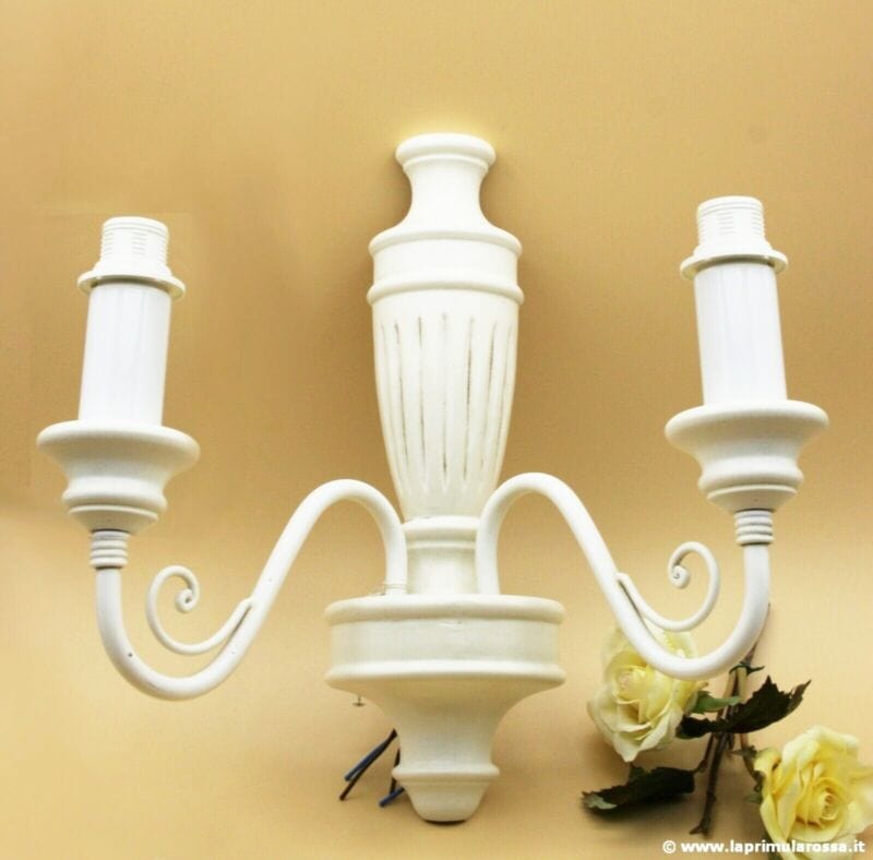 Applique in legno bianco Shabby Lampada da parete Retrò a due luci stile antico Lampade Appliques