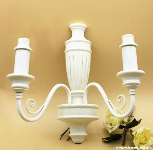 Applique in legno bianco Shabby Lampada da parete Retrò a due luci stile antico Lampade Appliques