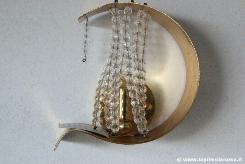 APPLIQUE VINTAGE IN FOGLIA ORO E CRISTALLO LAMPADA DA PARETE ITALIAN WALL SCONE Lampade Appliques
