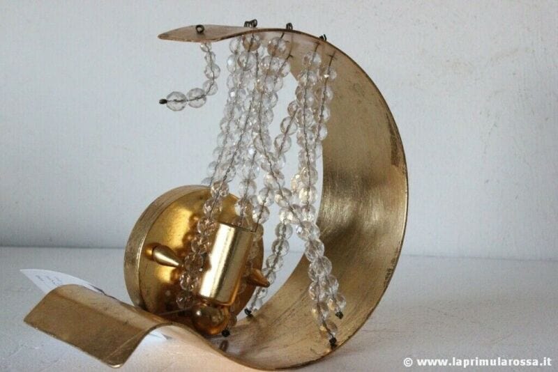 APPLIQUE VINTAGE IN FOGLIA ORO E CRISTALLO LAMPADA DA PARETE ITALIAN WALL SCONE Lampade Appliques