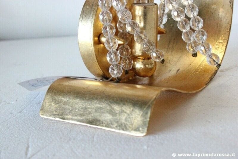 APPLIQUE VINTAGE IN FOGLIA ORO E CRISTALLO LAMPADA DA PARETE ITALIAN WALL SCONE Lampade Appliques
