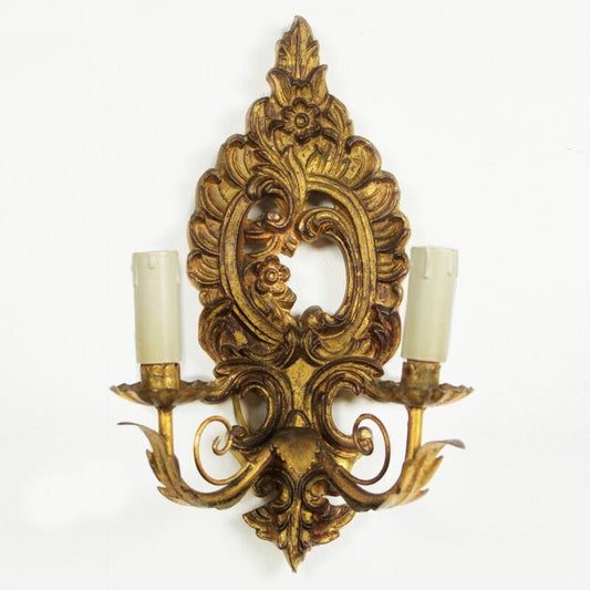 Applique vintage stile antico in legno dorato oro lampada da parete a due luci Lampade Appliques