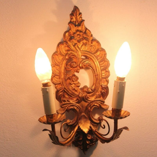 Applique vintage stile antico in legno dorato oro lampada da parete a due luci Lampade Appliques
