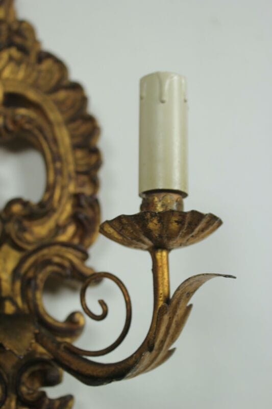 Applique vintage stile antico in legno dorato oro lampada da parete a due luci Lampade Appliques