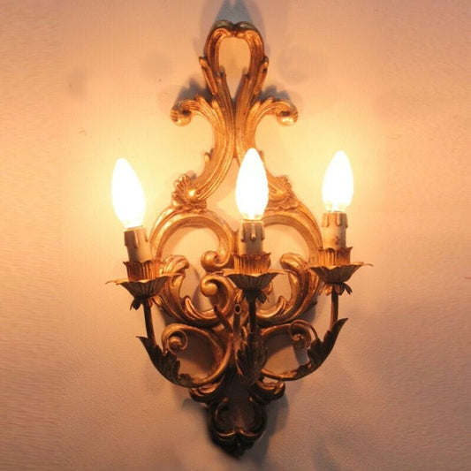 Applique vintage stile antico in legno  mecca e oro lampada da parete a tre luci Lampade Appliques