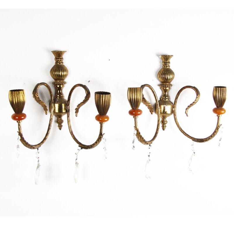 Appliques dorato foglie d'acanto a due fiamme luci Lampade stile stilnovo antico Lampade Appliques
