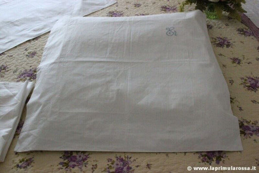 art8- FEDERA VINTAGE IN COTONE INIZIALI ER COLORE CELESTE 78x78 CUSCINO SHABBY Corredo Pizzi e Tessuti
