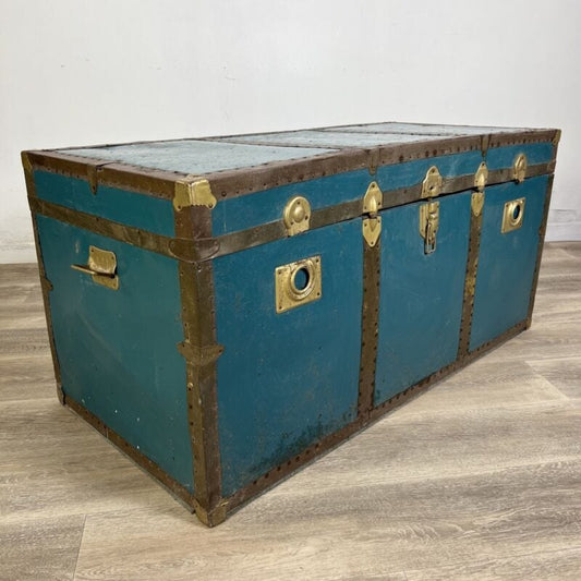 Baule antico in legno da viaggio Forziere Cassapanca 900 vintage Cassa verde Arredamento