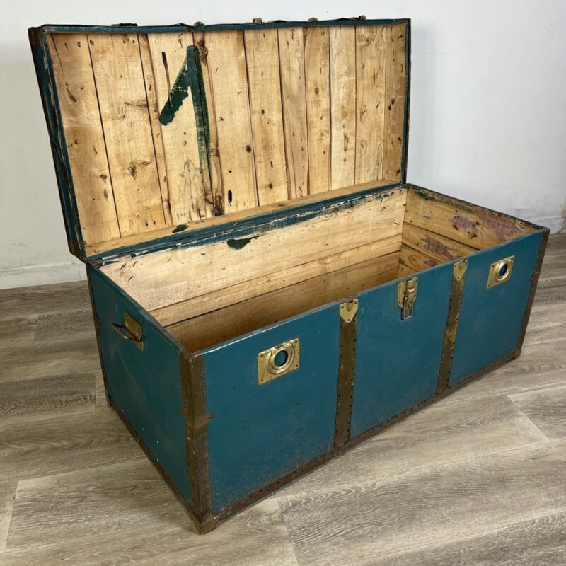 Baule antico in legno da viaggio Forziere Cassapanca 900 vintage Cassa verde Arredamento