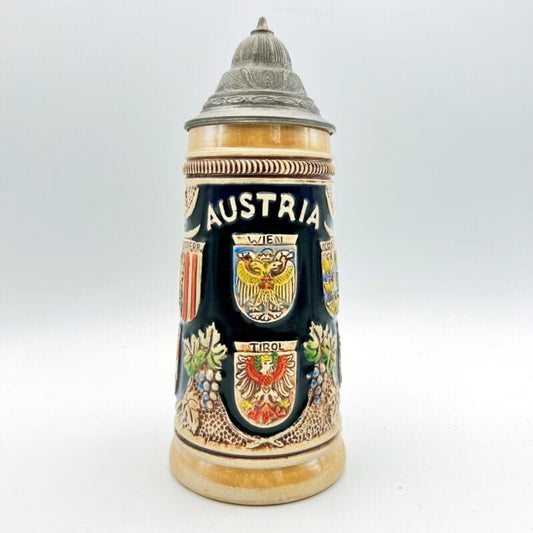 Boccale da birra in ceramica Austria vintage con coperchio in peltro bicchiere Birra & dintorni