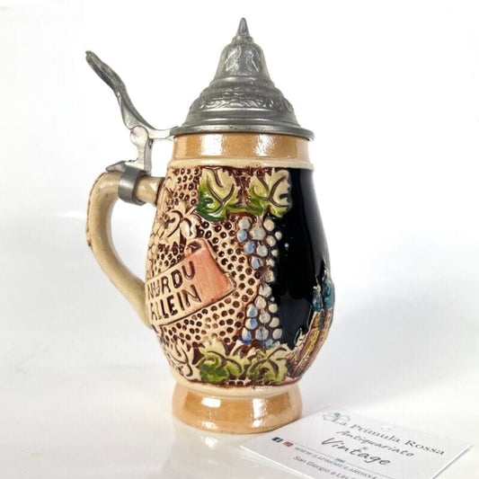 Boccale da birra in ceramica tedesco vintage con coperchio in peltro bicchiere Q Birra & dintorni