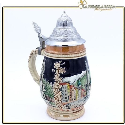 Boccale da birra in ceramica tedesco vintage con coperchio in peltro bicchiere Birra & dintorni