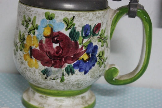 BOCCALE IN CERAMICA DERUTA E PELTRO VINTAGE BROCCA FIORI BLU E ROSSI Birra & dintorni