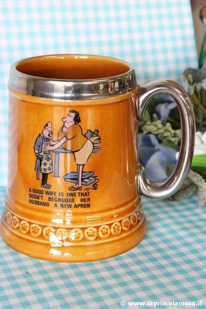 BOCCALE  VINTAGE IN CERAMICA H 12 CM - PORTAPENNE D'EPOCA CON VIGNETTA - MUG Birra & dintorni